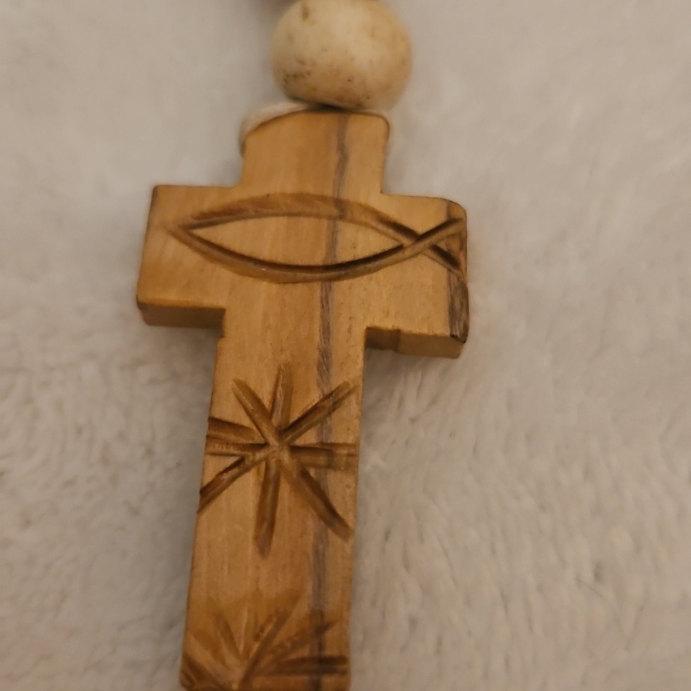 HANDMADE Jasper and Blue Quartz Beaded Shell Olive Wood Cross Prayer Rope - Picture 4 of 12